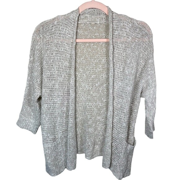 EILEEN FISHER Size P Small Cardigan Sweater Beige Crochet Open Front Pockets - Picture 1 of 12